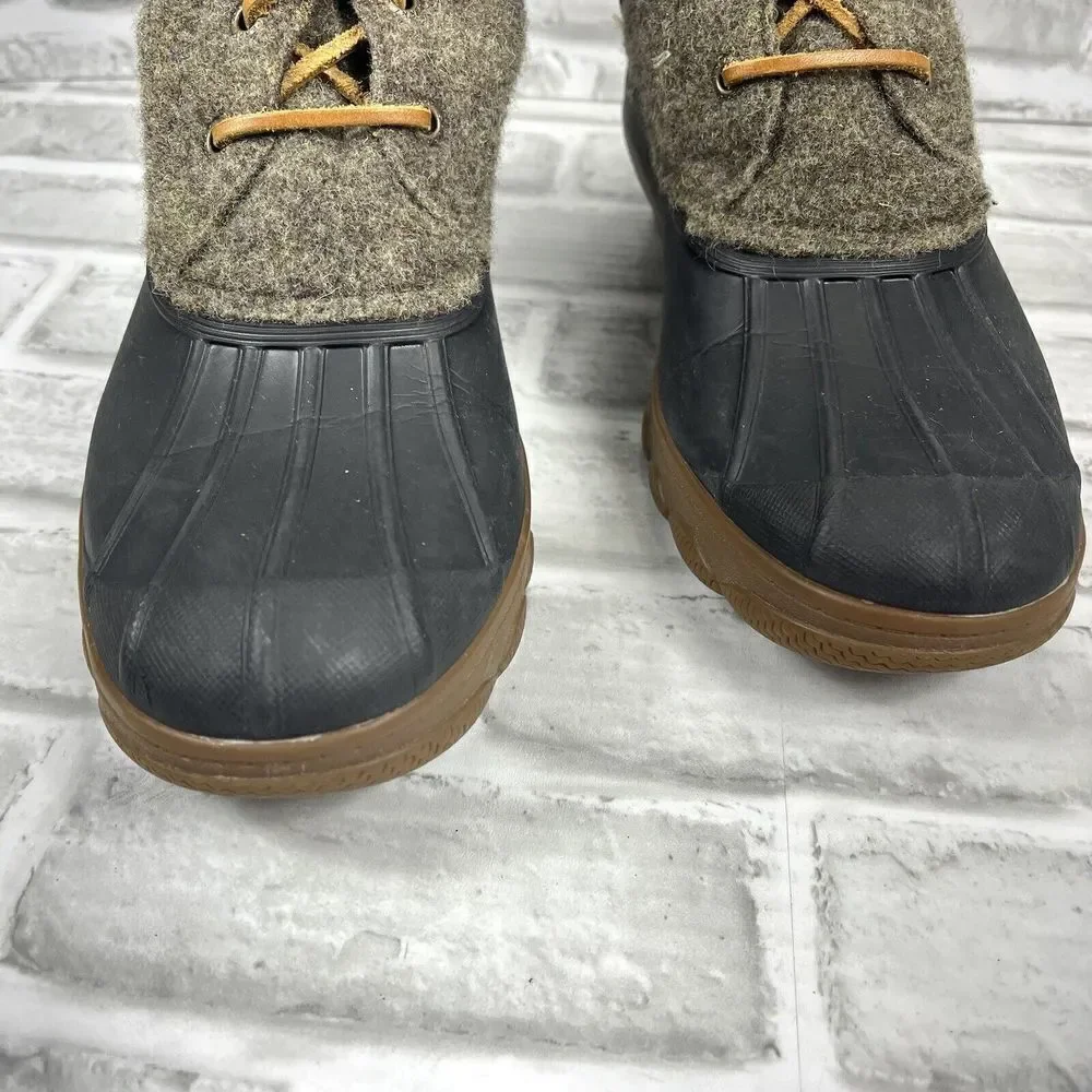 Sperry Black Rubber & Olive Wool Waterproof Winter Boots with Brown Trim